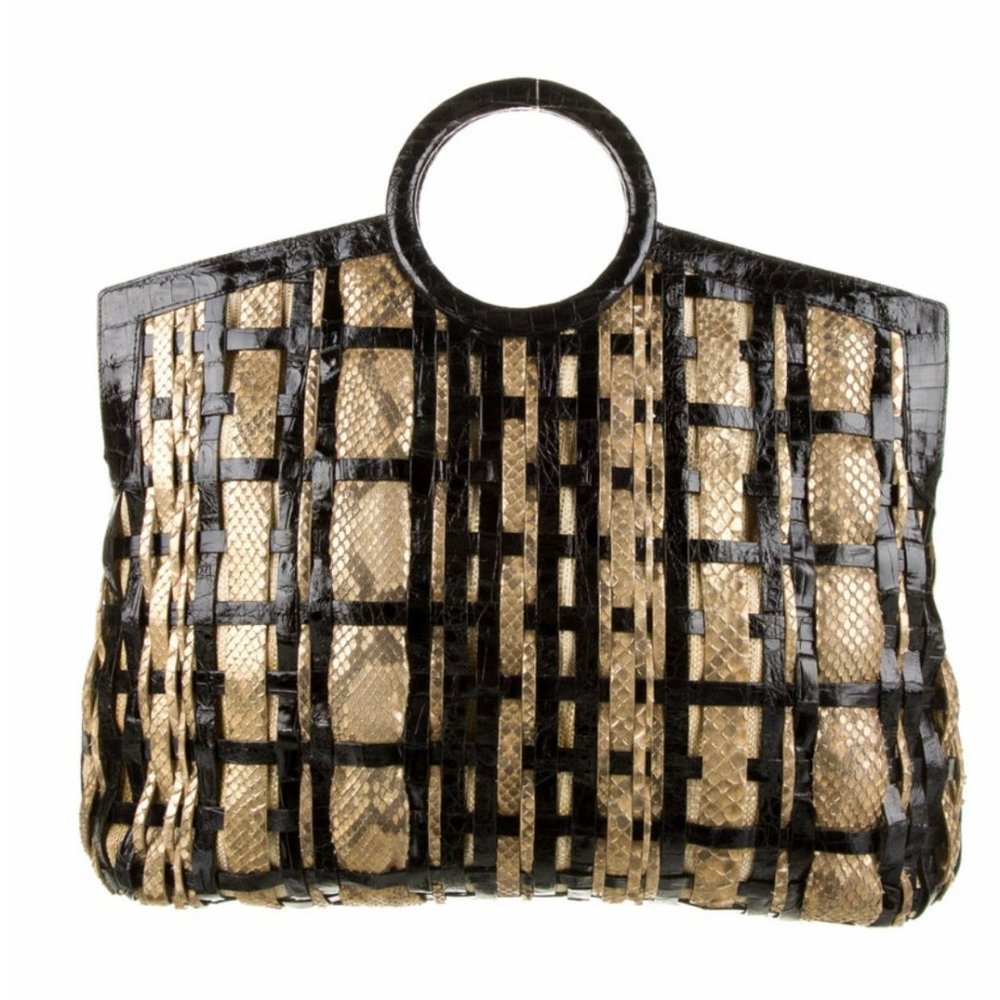 Nancy Gonzalez Gold & Black Basket Weave Crocodile Top Handle Tote Bag